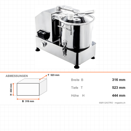 Cutter Mixer, 9 L, 0,95 kW, 986–2470 U/min, Edelstahl, 316×523×444 mm – Abmessungen