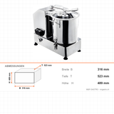 Cutter Mixer, 12 L, 1,2 kW, 1100–2800 U/min, Edelstahl, 316×523×489 mm – Abmessungen