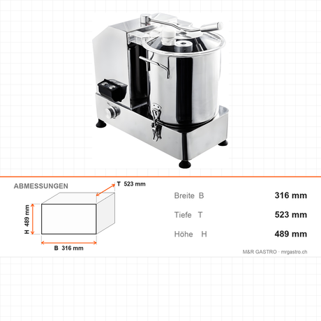 Cutter Mixer, 12 L, 1,2 kW, 1100–2800 U/min, Edelstahl, 316×523×489 mm – Abmessungen