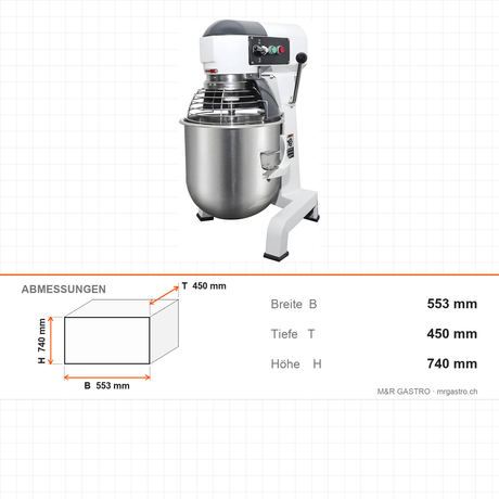 Planetenrührmaschine, 30 L, 1,5 kW, 3 Geschwindigkeiten, Schneebesen, Knethaken, Paddel, 553×450×740 mm – Abmessungen