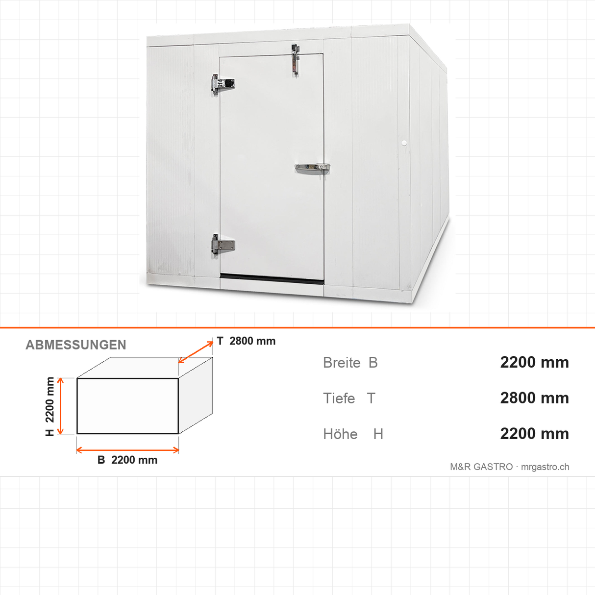 Kühlzelle Monoblock, 2200×2800×2200 mm, 10,4 m³, 100 mm PU, ohne Aggregat, 304 Edelstahl – Abmessungen