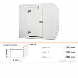 Kühlzelle Monoblock, 2200×2800×2200 mm, 10,4 m³, 100 mm PU, ohne Aggregat, 304 Edelstahl – Abmessungen