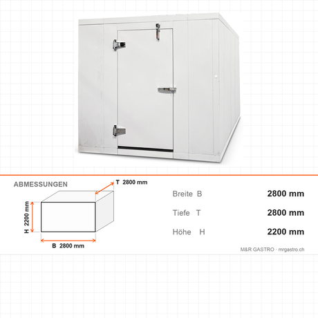 Tiefkühlzelle, 2800×2800×2200 mm, 13,52 m³, 100 mm PU, 304 Edelstahl, Monoblock mit Aggregat -18/-20 °C – Abmessungen