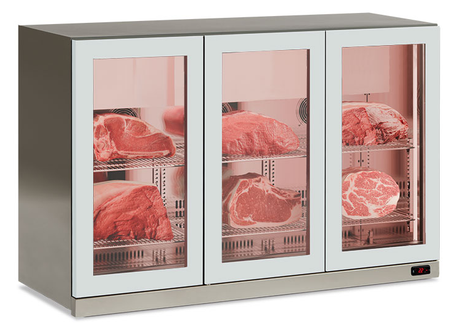 Vitrine murale réfrigérée à viande - Inox - 254 L net - −2 °C / +10 °C - 1350×565×852 mm (+30 mm pieds)