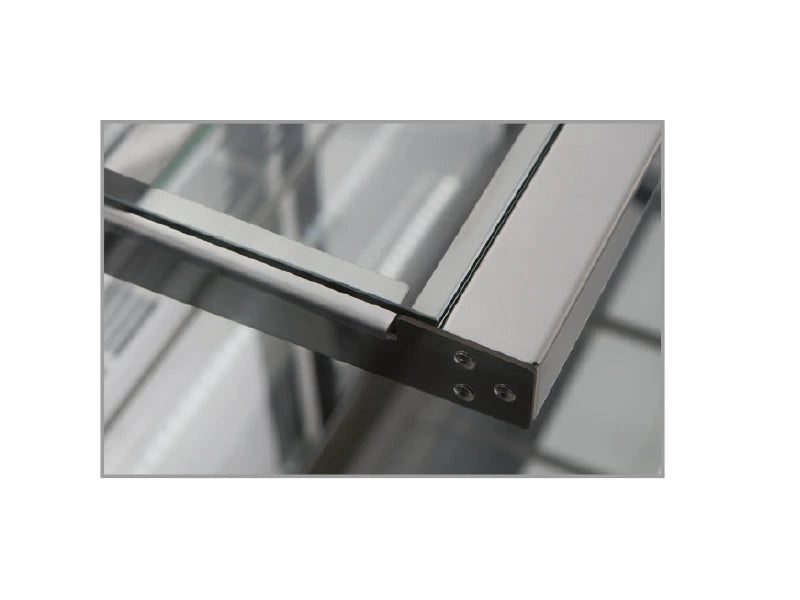 Shelves: tempered glass, stainless steel front