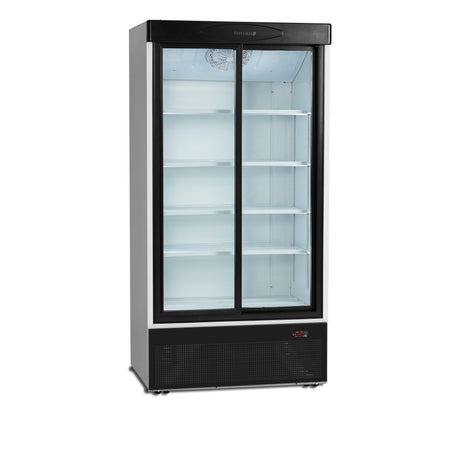 Verkaufskühlschrank – 2 Glasschiebetüren – 540 L – 1000×735×1990 mm – Weiß RAL 9016 – 5 Tragroste, weiß - Produktansicht