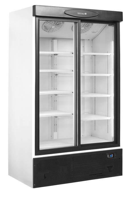 Verkaufskühlschrank – 2 Glasschiebetüren – 660 L – 1200×735×1990 mm – Weiß RAL 9016 – 10 Tragroste, weiß - Produktansicht