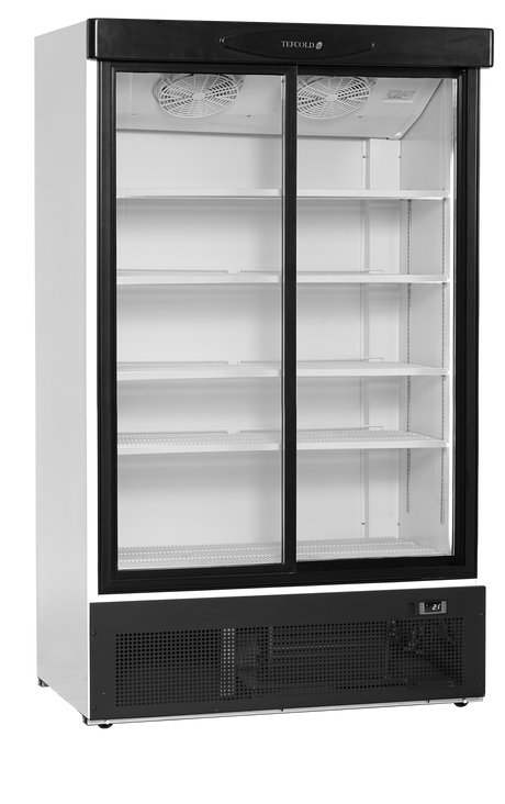 Verkaufskühlschrank – 2 Glasschiebetüren – 660 L – 1200×735×1990 mm – Weiß RAL 9016 – 5 Tragroste, weiß - Produktansicht