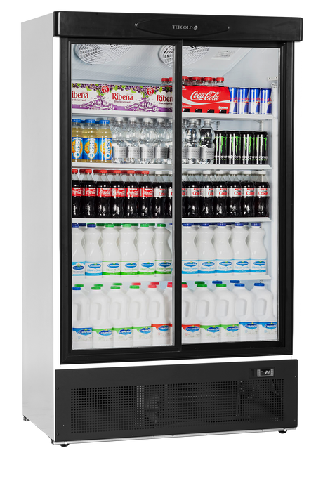 Verkaufskühlschrank – 2 Glasschiebetüren – 660 L – 1200×735×1990 mm – Weiß RAL 9016 – 5 Tragroste, weiß - Anwendungsbeispiel