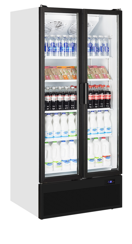 Verkaufskühlschrank – 2 Glastüren – 535 L – 890×740×1990 mm – Weiß RAL 9016 – 5 Tragroste, weiß - Anwendungsbeispiel