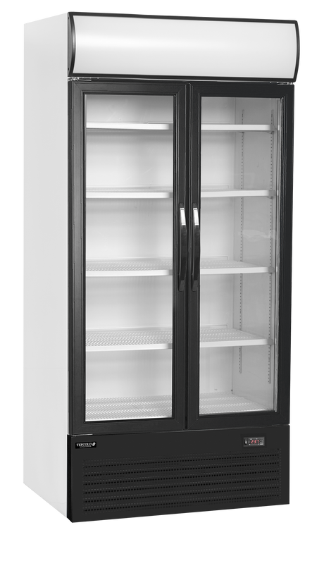 Verkaufskühlschrank – 2 Glastüren – 524 L – 1000×790×2000 mm – Weiß RAL 9016 – D-Form – 5 Tragroste, weiß - Produktansicht
