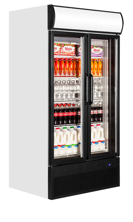 Verkaufskühlschrank – 2 Glastüren – 524 L – 1000×790×2000 mm – Weiß RAL 9016 – D-Form – 5 Tragroste, weiß - Anwendungsbeispiel