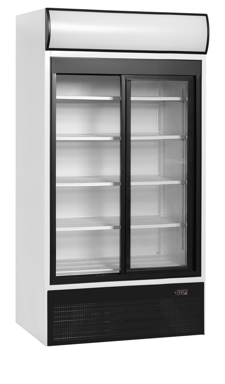 Verkaufskühlschrank – 2 Glasschiebetüren – 524 L – 1000×740×2000 mm – Weiß RAL 9016 – D-Form – 5 Tragroste, weiß - Produktansicht