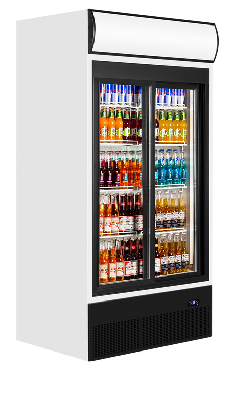 Verkaufskühlschrank – 2 Glasschiebetüren – 524 L – 1000×740×2000 mm – Weiß RAL 9016 – D-Form – 5 Tragroste, weiß - Anwendungsbeispiel