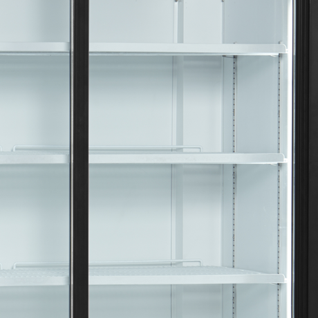 Verkaufskühlschrank – 2 Glasschiebetüren – 524 L – 1000×740×2000 mm – Weiß RAL 9016 – D-Form – 5 Tragroste, weiß - Detail