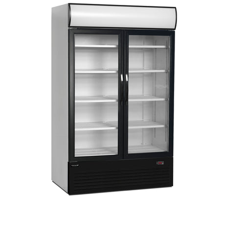 Verkaufskühlschrank – 2 Glastüren – 645 L – 1200×790×2000 mm – Weiß RAL 9016 – D-Form – 5 Tragroste, weiß - Produktansicht