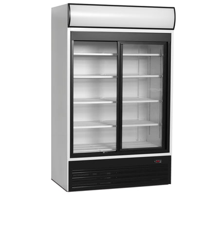 Verkaufskühlschrank – 2 Glasschiebetüren – 645 L – 1200×740×2000 mm – Weiß RAL 9016 – D-Form – 5 Tragroste, weiß - Produktansicht