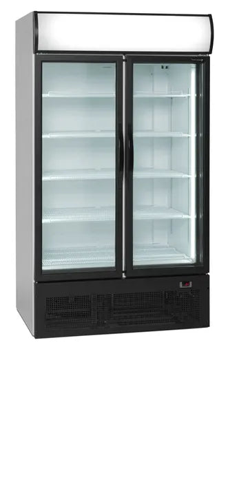 Verkaufskühlschrank – 2 Glastüren – 710 L – 1110×875×2010 mm – Weiß RAL 9016 – D-Form – 5 Tragroste, weiß - Produktansicht