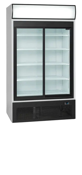 Verkaufskühlschrank – 2 Glasschiebetüren – 710 L – 1110×825×2010 mm – Weiß RAL 9016 – D-Form – 5 Tragroste, weiß - Produktansicht