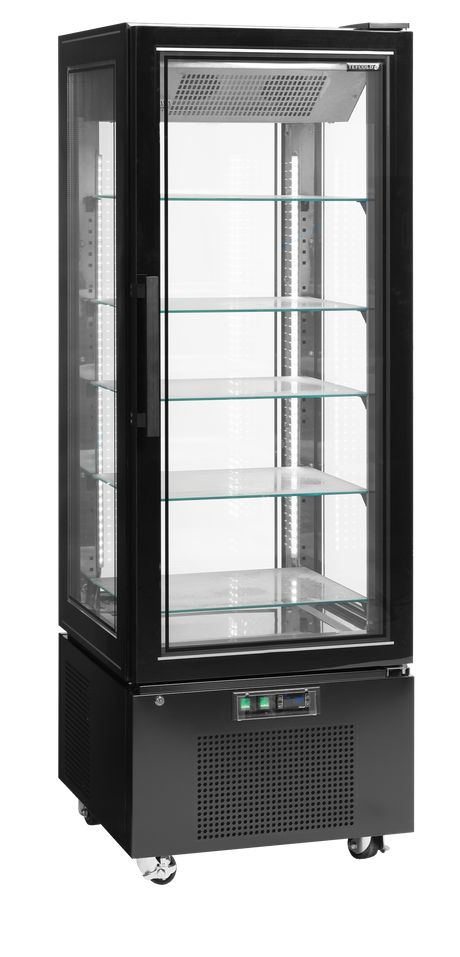 Verkaufsgefrierschrank – 1 Glastür – 248 L – 650×650×1950 mm – Schwarz / Glas – -22 bis -18 °C – 5 Glasablagen + Boden – 1000 W - Produktansicht