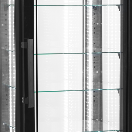 Verkaufsgefrierschrank – 1 Glastür – 248 L – 650×650×1950 mm – Schwarz / Glas – -22 bis -18 °C – 5 Glasablagen + Boden – 1000 W - Detail