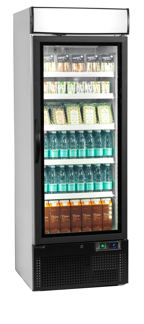 Verkaufskühlschrank – 1 Glastür – 412 L – 680×700×2022 mm – Weiß – D-Form – 5 Tragroste, weiß - Anwendungsbeispiel