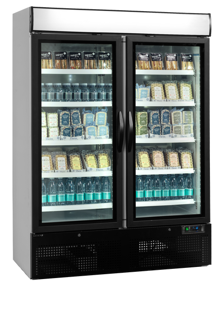 Verkaufskühlschrank – 2 Glastüren – 1079 L – 1370×700×2022 mm – Weiß – D-Form – 10 Tragroste, weiß - Weitere Ansicht