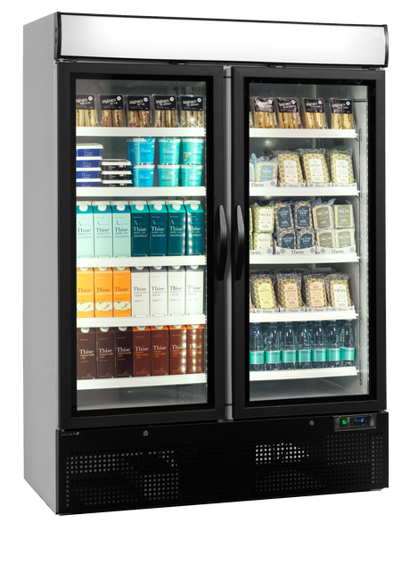 Verkaufskühlschrank – 2 Glastüren – 1079 L – 1370×700×2022 mm – Weiß – D-Form – 10 Tragroste, weiß - Anwendungsbeispiel