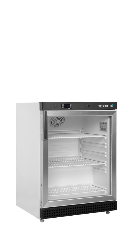 Verkaufskühlschrank – 1 Glastür – 119 L – 600×585×855 mm – Weiß – 3 Tragroste, weiß - Produktansicht