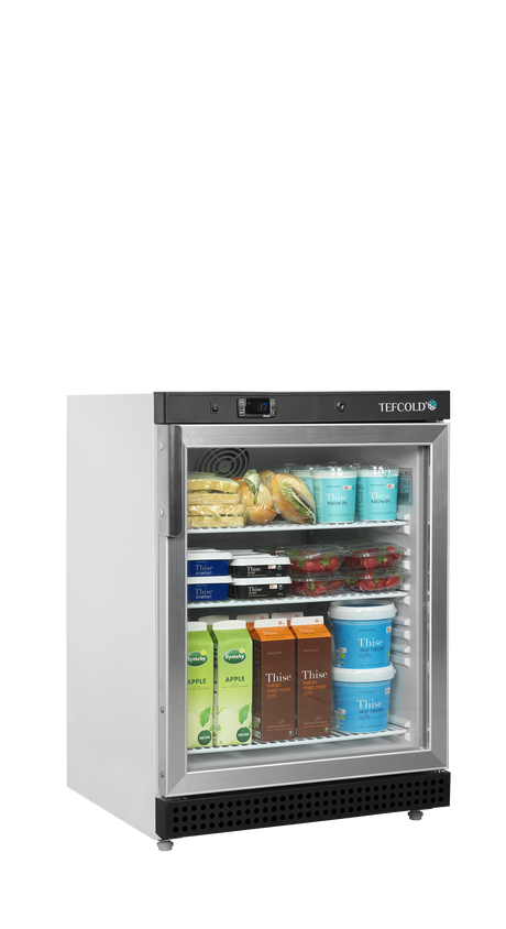 Verkaufskühlschrank – 1 Glastür – 119 L – 600×585×855 mm – Weiß – 3 Tragroste, weiß - Anwendungsbeispiel