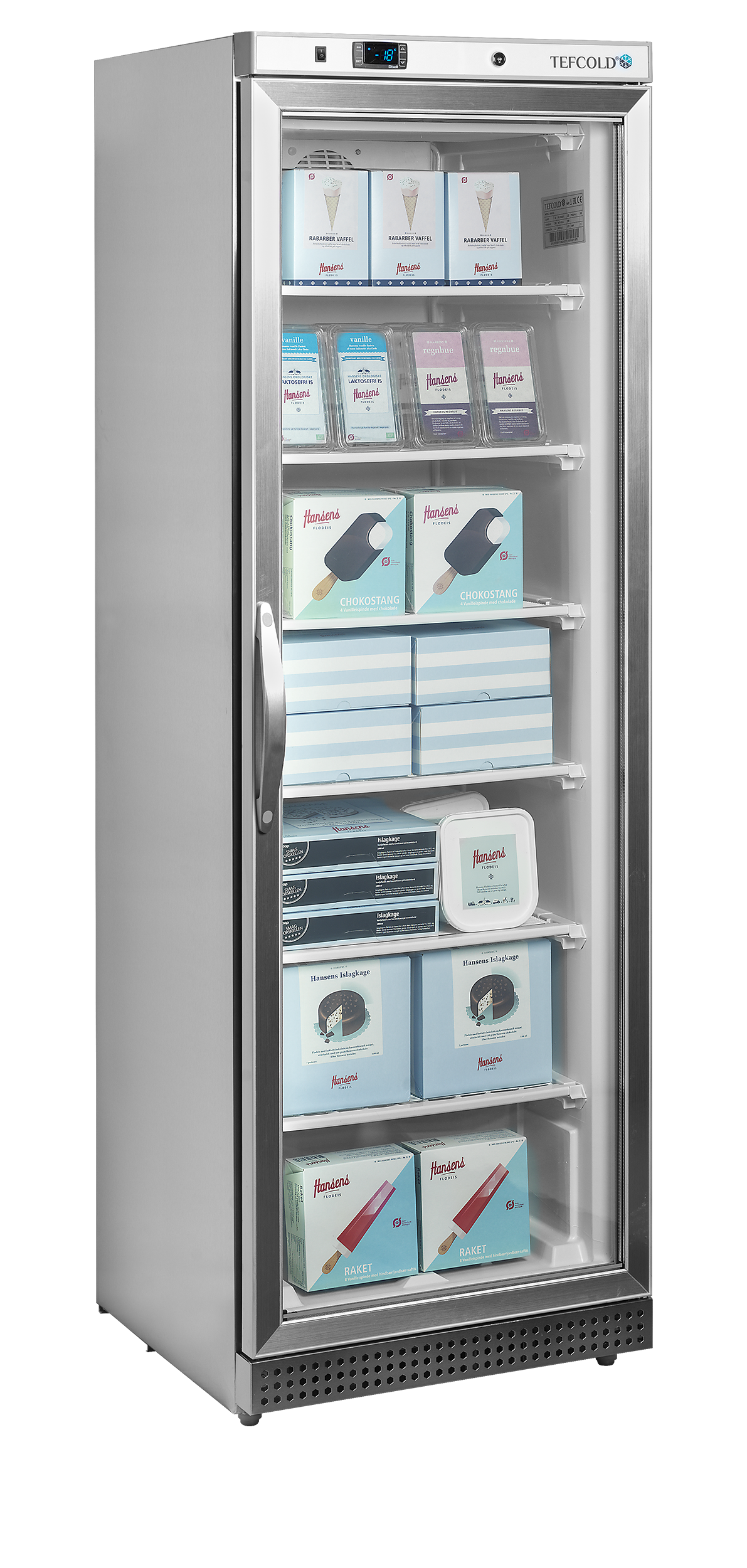 Verkaufsgefrierschrank – 1 Glastür – 340 L – 600×585×1855 mm – SS 430 – -24 bis -10 °C – 7 Feste Gefrierablagen – 380 W - Anwendungsbeispiel