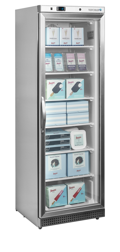 Verkaufsgefrierschrank – 1 Glastür – 340 L – 600×585×1855 mm – SS 430 – -24 bis -10 °C – 7 Feste Gefrierablagen – 380 W - Anwendungsbeispiel