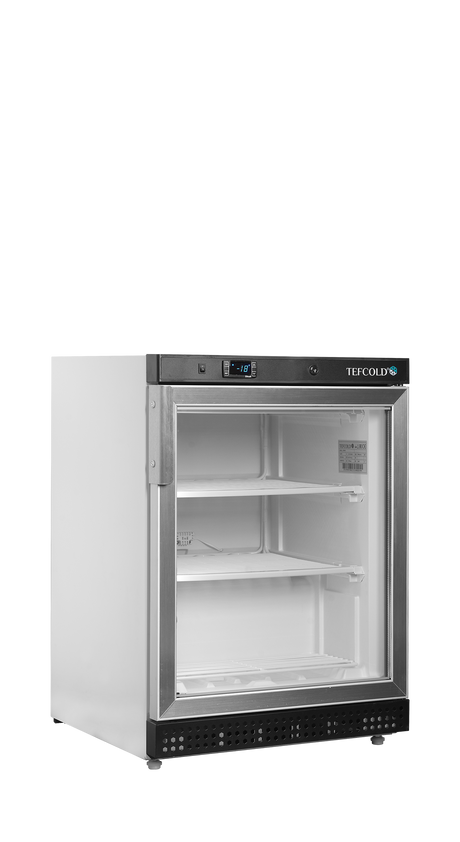 Verkaufsgefrierschrank – 1 Glastür – 120 L – 600×585×855 mm – Weiß – -24 bis -10 °C – 2 Feste Gefrierablagen – 270 W - Produktansicht