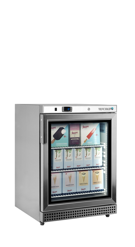 Verkaufsgefrierschrank – 1 Glastür – 120 L – 600×585×855 mm – SS 430 – -24 bis -10 °C – 3 Tragroste, weiß – 150 W - Anwendungsbeispiel