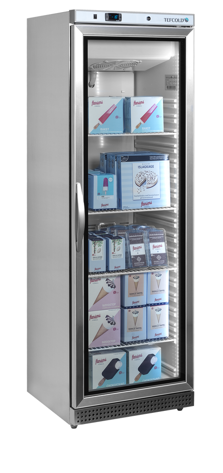 Verkaufsgefrierschrank – 1 Glastür – 340 L – 600×585×1855 mm – SS 430 – -24 bis -10 °C – 4 Tragroste, weiß – 300 W - Anwendungsbeispiel