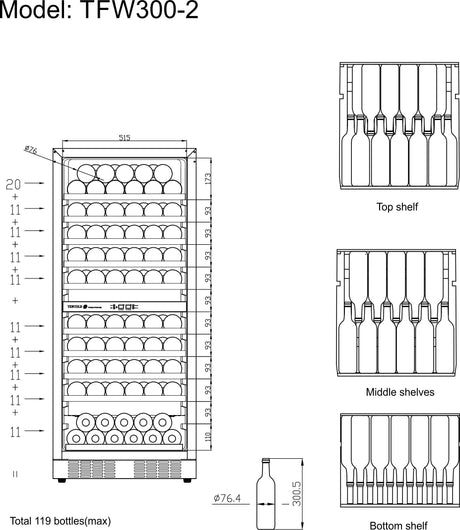 Weinkühlschrank – 1 Tür – 119 Flaschen (750 ml) – 595×680×1390 mm – Schwarz - Aufbewahrungsansicht