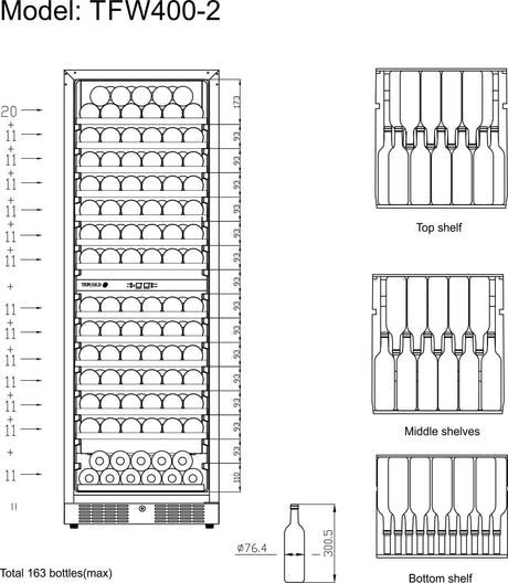 Weinkühlschrank – 1 Tür – 163 Flaschen (750 ml) – 595×680×1760 mm – Schwarz - Aufbewahrungsansicht