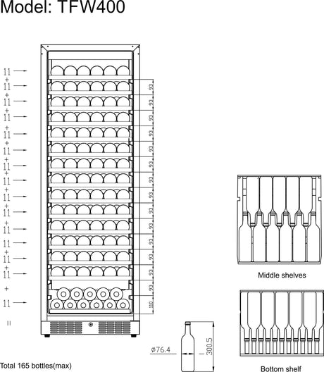 Weinkühlschrank – 1 Glastür – 165 Flaschen (750 ml) – 595×680×1760 mm – Schwarz - Aufbewahrungsansicht