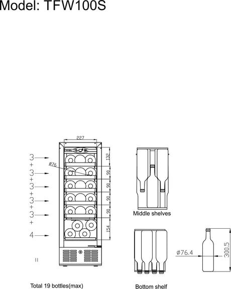 Weinkühlschrank – 1 Glastür – 19 Flaschen (750 ml) – 295×570×860 mm – Schwarz - Aufbewahrungsansicht