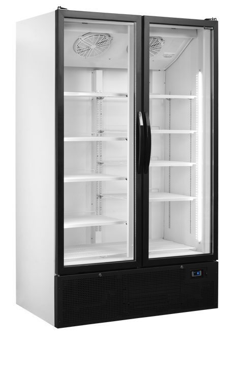 Verkaufskühlschrank – 2 Glastüren – 652 L – 1200×735×1990 mm – Weiß RAL 9016 – 10 Tragroste, weiß - Produktansicht