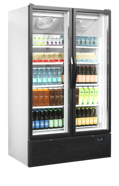 Verkaufskühlschrank – 2 Glastüren – 652 L – 1200×735×1990 mm – Weiß RAL 9016 – 10 Tragroste, weiß - Anwendungsbeispiel