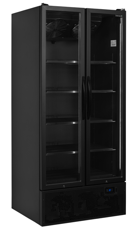 Verkaufskühlschrank – 2 Glastüren – 535 L – 890×740×1990 mm – Schwarz RAL9005 – 5 Tragroste, schwarz - Produktansicht