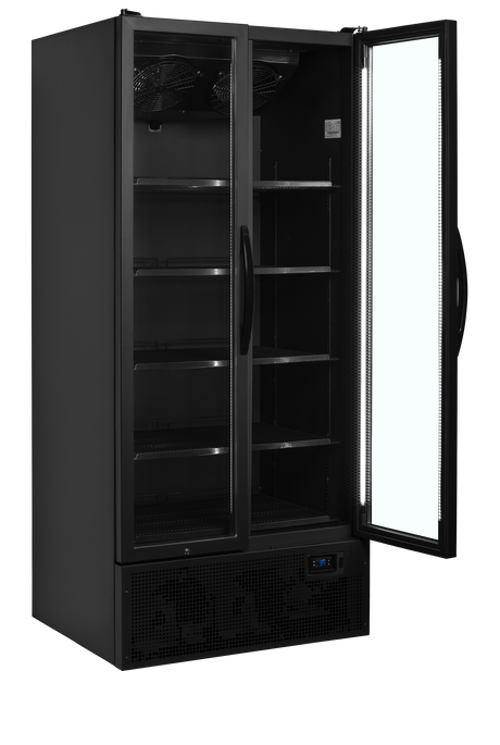 Verkaufskühlschrank – 2 Glastüren – 535 L – 890×740×1990 mm – Schwarz RAL9005 – 5 Tragroste, schwarz - Innenansicht