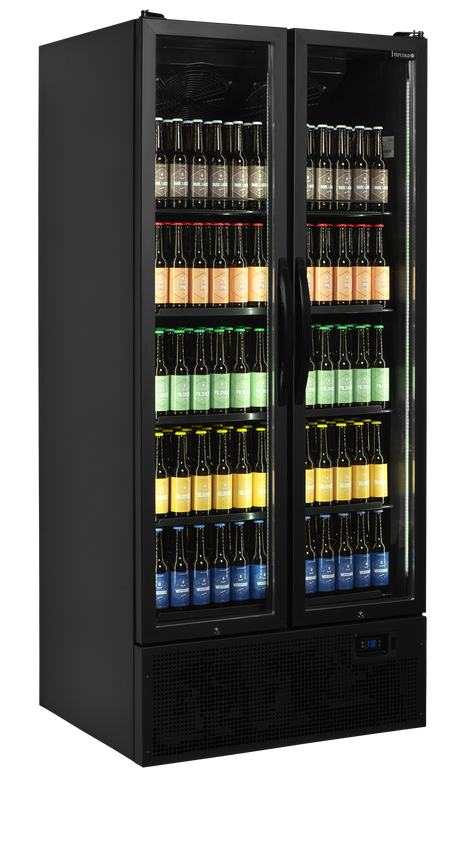 Verkaufskühlschrank – 2 Glastüren – 535 L – 890×740×1990 mm – Schwarz RAL9005 – 5 Tragroste, schwarz - Anwendungsbeispiel