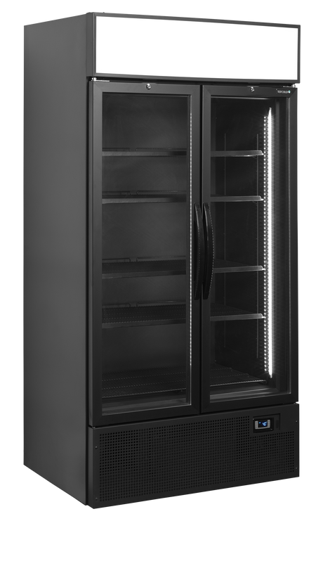 Verkaufskühlschrank – 2 Glastüren – 524 L – 1000×790×2000 mm – Schwarz RAL9005 – L-Form – 5 Tragroste, schwarz - Produktansicht
