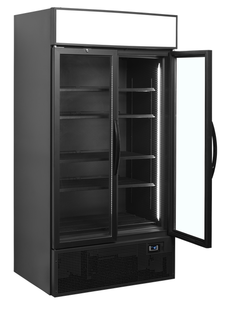 Verkaufskühlschrank – 2 Glastüren – 524 L – 1000×790×2000 mm – Schwarz RAL9005 – L-Form – 5 Tragroste, schwarz - Innenansicht