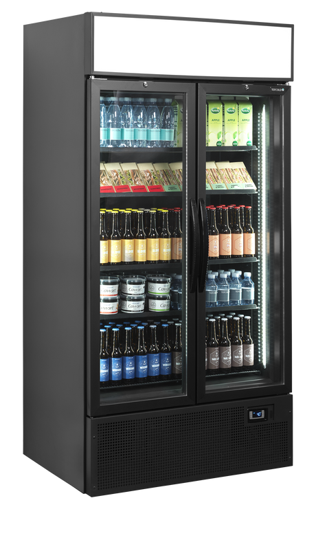 Verkaufskühlschrank – 2 Glastüren – 524 L – 1000×790×2000 mm – Schwarz RAL9005 – L-Form – 5 Tragroste, schwarz - Anwendungsbeispiel