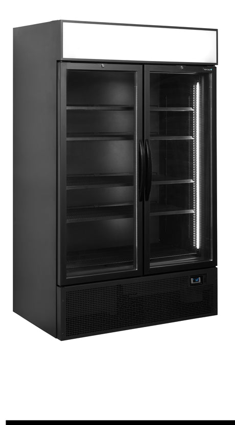 Verkaufskühlschrank – 2 Glastüren – 645 L – 1200×790×2000 mm – Schwarz RAL9005 – L-Form – 5 Tragroste, schwarz - Produktansicht