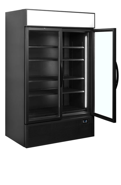 Verkaufskühlschrank – 2 Glastüren – 645 L – 1200×790×2000 mm – Schwarz RAL9005 – L-Form – 5 Tragroste, schwarz - Innenansicht
