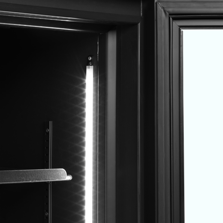 Verkaufskühlschrank – 2 Glastüren – 645 L – 1200×790×2000 mm – Schwarz RAL9005 – L-Form – 5 Tragroste, schwarz - Detail